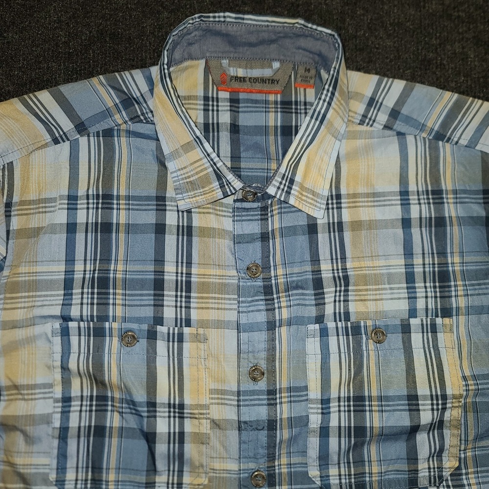Free Country Men's Plaid Short Sleeve Shirt Size‎ Medium Blue Yellow Pockets